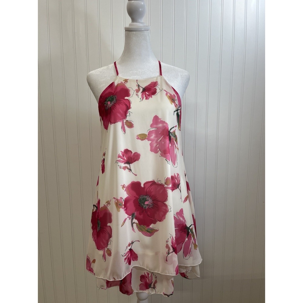 Peach Royal Pink/White Floral Tiered Hem Strappy Dress Summer, Wedding Sz XS.‎